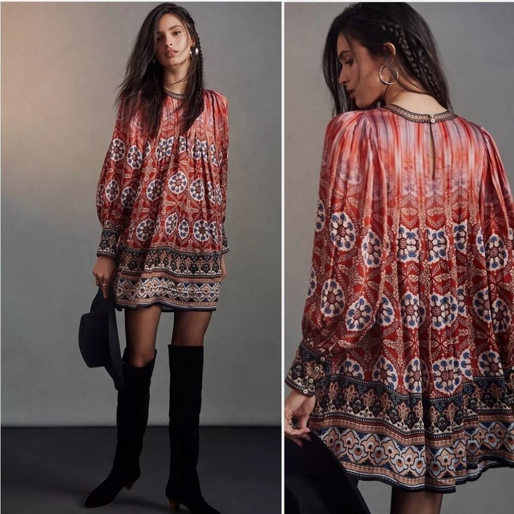Anthropologie x Tanvi Kedia Long Sleeve Boho Mini Dress Red Size Small